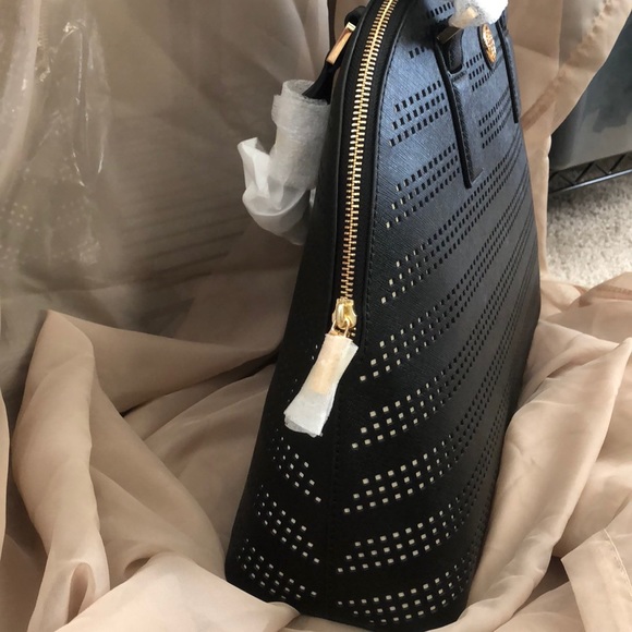 New Tory Burch Robinson perforated satchel bag black purse white $550 - Picture 2 of 6